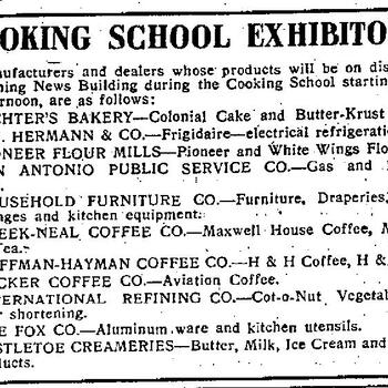 Newspaper notice headlined Cooking School Exhibitors, listing manufacturers and dealers whose products will be on display in the Evening News Building, including Hoffman-Hayman Coffee Co.