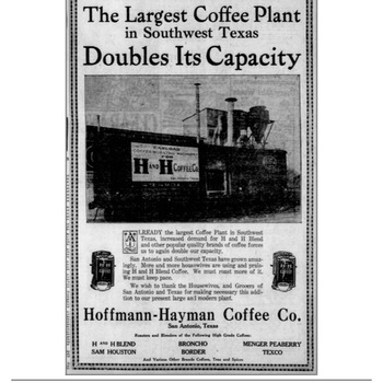 Newspapers.com PDF export of **San Antonio Light** (**Sunday 28 November 1926**, page 4) — headline **The Largest Coffee Plant...** with article on scale of local coffee manufacturing (Hoffmann-Hayman Delaware Street plant era). Reference documentation only — not an object in the project collection.
