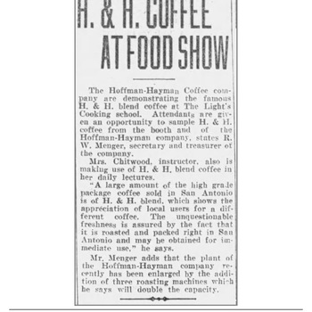 Newspapers.com PDF export of **San Antonio Light** (**Thursday 7 April 1927**, page 13) — coverage **H and H Coffee At Food Show** naming **H and H** / Hoffmann-Hayman participation in a food exposition. Reference documentation only — not an object in the project collection.