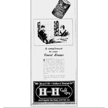 Newspapers.com PDF export of **San Antonio Express-News** (**Wednesday 6 February 1929**, page 12) — piece **A complement to your finest dinner** (period meal/coffee advertising context for Hoffmann-Hayman lines). Reference documentation only — not an object in the project collection.