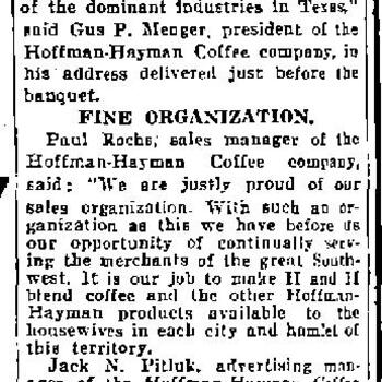 Newspaper article headlined 30th Birthday of Concern Celebrated, reporting the Hoffman-Hayman Coffee company's employee banquet with quotes from Gus P. Menger, Paul Rochs, and Jack N. Pitluk