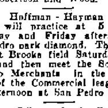 Short newspaper notice announcing Hoffman-Hayman Coffee Giants baseball practice at San Pedro park and an opening Commercial league game against the South San Antonio Merchants