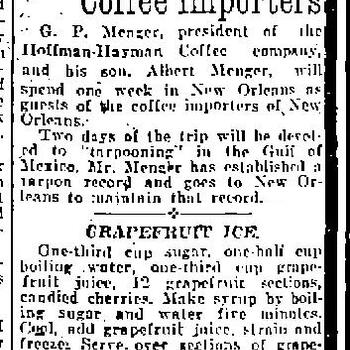 Newspaper item headlined Mengers Guest of Coffee Importers, reporting Gus P. Menger and his son Albert Menger's trip to New Orleans as guests of coffee importers, including tarpon fishing