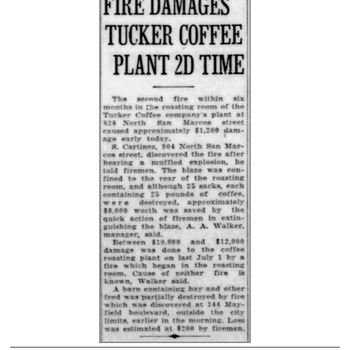 Newspapers.com PDF export of **The News** (San Antonio, **Thursday 7 January 1932**, page 24) — headline **Fire Damages Tucker Coffee Plant 2D Time** on repeat fire damage at Tucker Coffee (San Antonio coffee industry context alongside Hoffmann-Hayman plant reporting). Reference documentation only — not an object in the project collection.