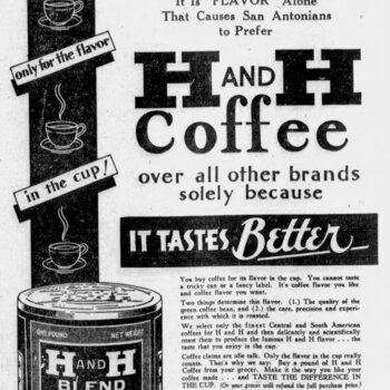 San Antonio Light, 8 Jan 1932 — H and H display ad, tin art, WOAI radio line