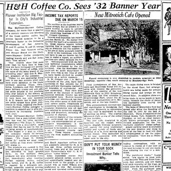 San Antonio Express headline "H&H Coffee Co. Sees '32 Banner Year," March 7, 1932