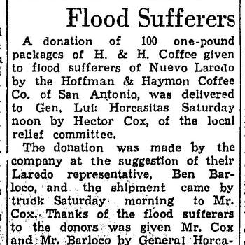 Laredo Times article "Coffee Is Donated Flood Sufferers," September 25, 1932