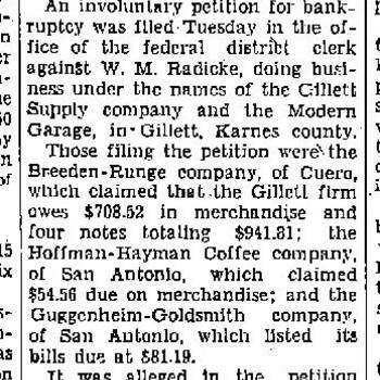 San Antonio Light article "Involuntary Plea of Bankruptcy Is Filed Against Firm," November 29, 1932