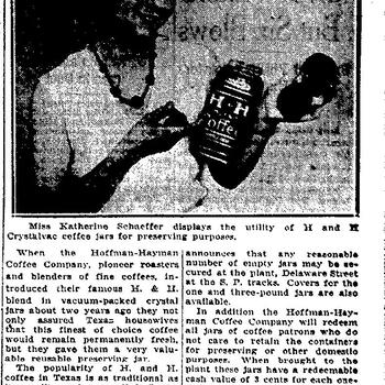 San Antonio Express article and photo "H and H Crystalvac Coffee Jars Boon to Housewives in Preserving Season," July 9, 1934