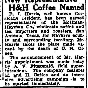 Corsicana Semi-Weekly Light article "New Representative H&H Coffee Named," September 7, 1934