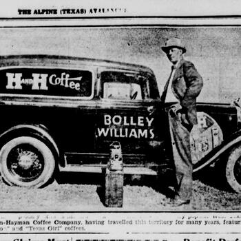 Alpine Avalanche photo of Bolley Williams beside an H and H Coffee delivery van, October 5, 1934