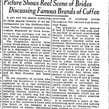 San Antonio Express article "Picture Shows Real Scene of Brides Discussing Famous Brands of Coffee," November 5, 1934