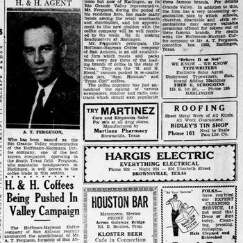 Brownsville Herald article and portrait "H. & H. Coffees Being Pushed In Valley Campaign," naming A. T. Ferguson, April 2, 1935