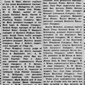 Del Rio Evening News article "72 San Antonioans Entertain 131 Del Rioans at Barbecue," listing G. P. Menger, May 15, 1936