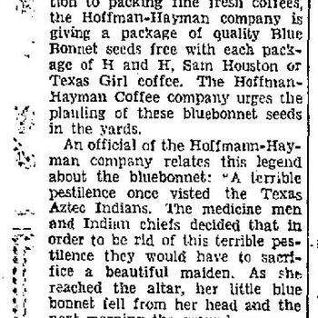San Antonio Light article "H & H Coffee Makes Free Offer," announcing the bluebonnet seed giveaway, June 26, 1936