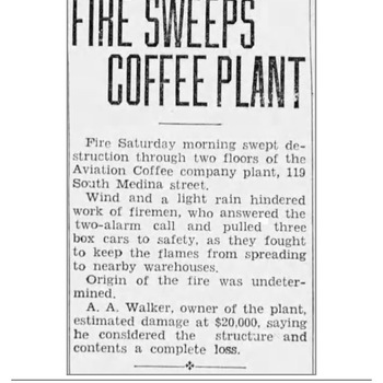 Newspapers.com PDF export of **San Antonio Light** (**Saturday 27 February 1937**, page 9) — headline **Fire Sweeps Coffee Plant** on a major coffee-plant fire (period parallel to Hoffmann-Hayman factory news). Reference documentation only — not an object in the project collection.
