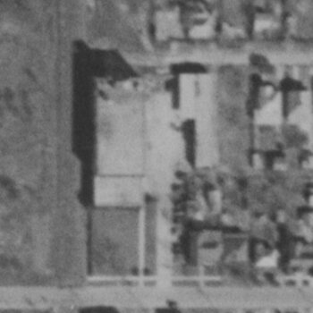 Black-and-white aerial photograph of the 601 Delaware Street block, San Antonio, showing the H&H coffee plant from above (1939)