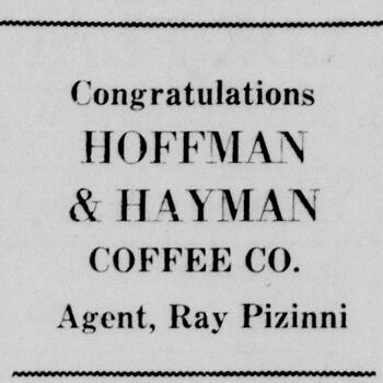 Robstown Record congratulatory boxed ad for Hoffman and Hayman Coffee Co., naming agent Ray Pizinni, June 20, 1940