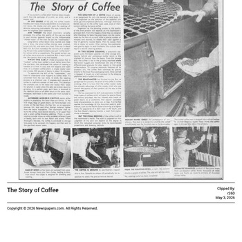 Newspapers.com PDF export of **San Antonio Express-News** (**Sunday 19 September 1954**, page 72) — feature **The Story of Coffee** with general coffee history / industry discussion (postwar Hoffmann-Hayman market context). Reference documentation only — not an object in the project collection.