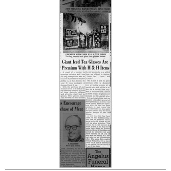 Newspapers.com PDF export of **San Antonio Light** (**Saturday 12 July 1958**, page 6) — promotion **Giant Iced Tea Glasses Are Premuim with H & H Items** tying a glassware premium to **H & H** packaged purchases (Hoffmann-Hayman coupon/premium advertising). Reference documentation only — not an object in the project collection.