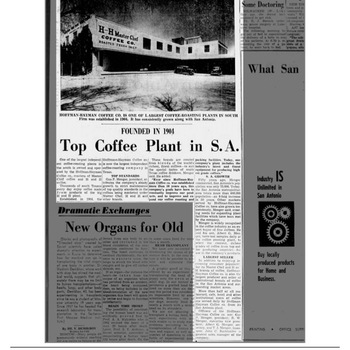 Newspapers.com PDF export of **San Antonio Light** (**Sunday 27 September 1959**, page 105) — headline **Top Coffee Plant in SA** profiling a leading San Antonio coffee roasting facility (compare to Hoffmann-Hayman plant coverage). Reference documentation only — not an object in the project collection.