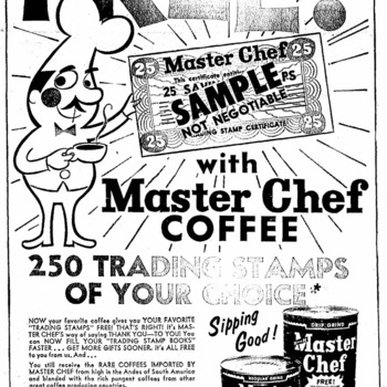 El Nuevo Heraldo, Brownsville, Texas, 31 August 1961, page 8 — Master Chef Coffee display ad featuring the chef-bowtie mascot, a 25 SAVINGS SAMPLES trading-stamp certificate graphic, and the regular-grind and drip-grind Master Chef vacuum cans; large 'FREE!' headline and 'A Product of HOFFMANN-HAYMAN COFFEE COMPANY—SAN ANTONIO, TEXAS' attribution