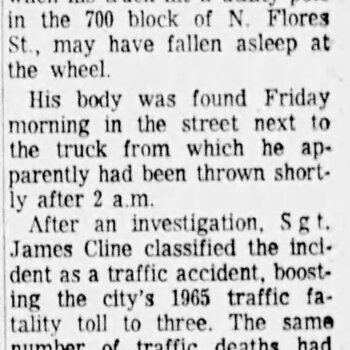 Express-News, 9 Jan 1965 — Police List Truck Death (Theodore W. Blake Jr., H and H route salesman)