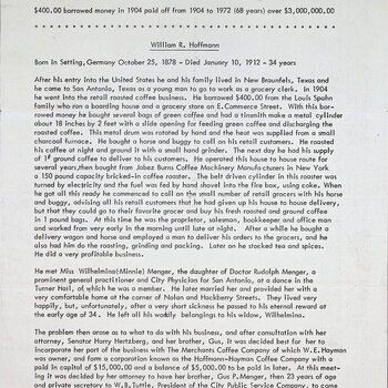 Page 1 of Gus P. Menger's typed history of Hoffmann-Hayman Coffee Co., titled GREAT OAKS FROM LITTLE ACORNS GROW. Opens with the $400 borrowed in 1904 grown to over $3,000,000 by 1972, then the biography of William R. Hoffmann (b. Setting, Germany, Oct 25, 1878 – d. Jan 10, 1912) and the start of the retail roasted-coffee business.