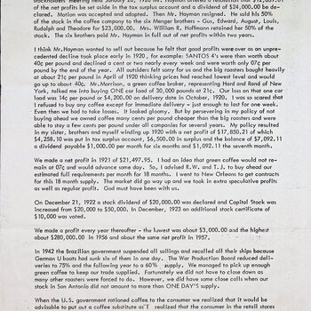 Page 3 of Gus P. Menger's typed H&H history: undivided profits of $36,639.01 for 1919–1920; W. E. Hayman's January 1920 resignation after selling his 50% to the six Menger brothers for $23,000; Gus's account of surviving the 1920 collapse in green-coffee prices; net profits through the 1950s; and the WWII coffee shortage that led H&H to sell a roasted wheat-and-chicory substitute branded “Cafe Mix” and “War Roast.”