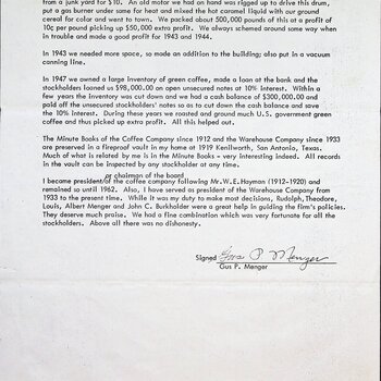 Page 4 of Gus P. Menger's typed H&H history: a caramel color substitute made in a $10 junkyard laundry drum during the wartime shortage (about 500,000 pounds at 10¢/lb extra profit); a 1943 building addition with a vacuum canning line; paying off unsecured stockholder notes by 1947; and a note that the Coffee Company minute books (since 1912) and Warehouse Company minute books (since 1933) are preserved in a fireproof vault in Gus's home at 1919 Kenilworth, San Antonio. Signed Gus P. Menger.