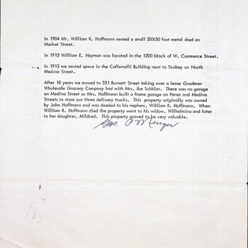 Page 5 of Gus P. Menger's typed H&H history: the company's location history — a 20x50-foot metal shed on Market Street rented by William R. Hoffmann in 1904; W. E. Hayman in the 1200 block of W. Commerce Street in 1912; rented space in the Cafferelli Building next to Scobey on North Medina Street in 1913; and the move after about ten years to 331 Burnett Street, with a frame delivery-truck garage Mrs. Hoffmann built at Perez and Medina. Signed Gus P. Menger.