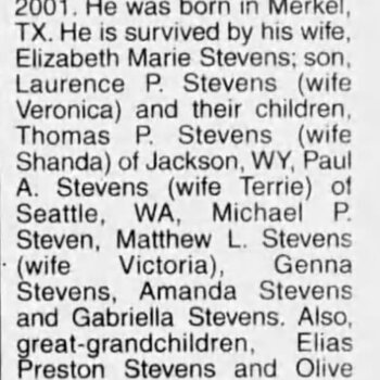 San Antonio Express-News, 13 Jan 2001, p. 30 — display obituary with portrait photograph: Silas Preston Stevens, December 30, 1913 – January 5, 2001