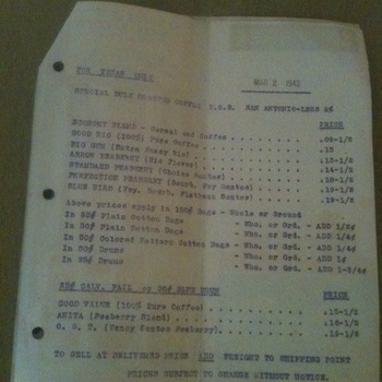 Typewritten Hoffmann-Hayman bulk wholesale sheet dated MAR 2 1942 — header FOR TEXAS ONLY and SPECIAL BULK ROASTED COFFEE F.O.B. SAN ANTONIO LESS 2 PERCENT; per-pound pricing in 100-pound bags for Economy Blend Cereal and Coffee, Good Rio, Big Gum, Arrow Peaberry, Standard Peaberry, Perfection Peaberry, Blue Bird; surcharges for cotton bags and drums; specialty lines Good Value, Anita Peaberry Blend, O.S.T. Fancy Santos Peaberry in galvanized pail or blue drum; footer To Sell At Delivered Price Add Freight To Shipping Point and Prices Subject To Change Without Notice; three-hole punch at left, center fold — companion to package retail sheet — project photograph 3 July 2015