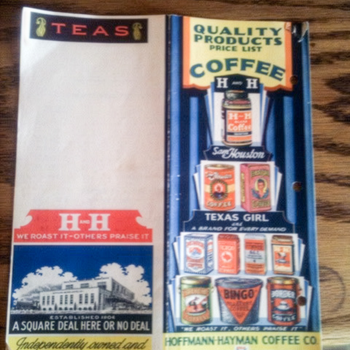 Opened Hoffmann-Hayman Coffee Company brochure or price-list spread on wood surface — left panel: TEAS header, red H and H banner with We Roast It Others Praise It, blue-toned Delaware Street factory illustration, Established 1904 / A Square Deal Here Or No Deal, Independently owned and operated by born Texans; right panel: Quality Products Price List header, COFFEE column with H and H Brand Coffee jar, Sam Houston and Texas Girl tins, Border Coffee and additional branded cans, We Roast It Others Praise It ribbon, footer HOFFMANN-HAYMAN COFFEE CO., 601 DELAWARE ST., SAN ANTONIO, TEXAS — scene shows tops of photographer shoes at frame edge; image derived from 3 July 2015 capture upscaled 2x for reference legibility (Firefly Upscaler)
