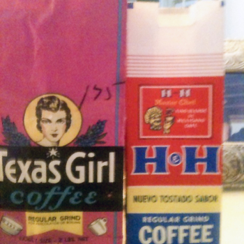 Two upright **paper retail coffee bags** side by side on a light surface, **3 July 2015** — **left:** **Texas Girl coffee**, **Family Size — 2 LBS. NET**, pink / black / yellow graphic with circular portrait, **Regular grind for percolator or boiling**, fine print on chinaware offer; **right:** **H and H** one-pound bag in **red, white, and blue**, **H-H Master Chef** strip at top, large **H and H** lockup on the face, yellow band **NUEVO TOSTADO SABOR**, blue footer **REGULAR GRIND COFFEE**, **ONE POUND NET WT.**, **Continental Coffee Company** — **project reference** photograph of Hoffmann-Hayman–line **bag** forms; **not** presented as an accessioned museum object in this frame.