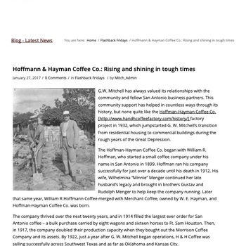 Screen-capture PDF (**30 January 2017**) of **G.W. Mitchell** company blog post **Hoffmann & Hayman Coffee Co.: Rising and shining in tough times** (Flashback Fridays) — page 1 shows site chrome, headline, and opening paragraphs on the **1932** Hoffmann-Hayman factory project and company history (**William R. Hoffman**, **Hayman** merger, growth through the 1920s–30s). First page of a three-page save; reference documentation from the general contractor’s public history series — not an accessioned artifact in the museum collection.