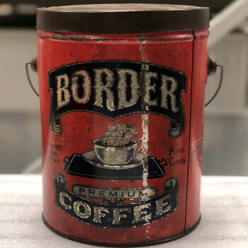 Color photograph **15 October 2019** — **Border Premium Coffee** **four-pound** cylindrical pail, red with black and silver-foil effect graphics: large **'BORDER'** banner, **cup and saucer** illustration, **'CONTENTS 4 LBS. NET WGT.'**, **'PURE COFFEE'**, **'PREMIUM'** / **'COFFEE'** in stacked banners, wire **bail handle** and flat dark lid, wear and vertical scuff; white foam, Witte study setting — the Border cup-and-saucer **premium** line for Hoffmann-Hayman; **not in the project’s museum collection**