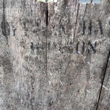 Color photograph (courtesy David L. Peché, 2026) of weathered, silvered grey wood — several vertical fence-/crate-grade planks with nail holes and pale paint spatter — carrying two lines of faded black stenciled block lettering. The top line reads as 'HOF[FMANN] & HA[YMAN]' with the mid-word letters lost to weathering; the second, smaller line below it reads as 'H[OU]STON.' The wood surface is heavily checked, silvered, and degraded, so both readings are partial and tentative; the object's original function — shipping-crate panel, dock board, building marking, or reused fencing — is undetermined.