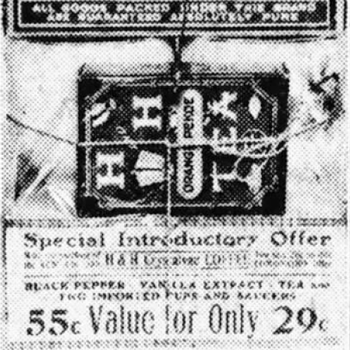 H & H Orange Pekoe Tea pack art with purity banner and 29c introductory offer, Morrison montage, Express-News, 13 Dec 1914