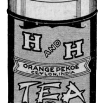 H and H Orange Pekoe Tea tin close-up crop from Packed in Tin co-op spread, San Antonio Light, 26 Aug 1923