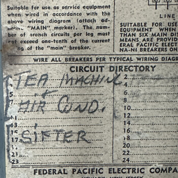 Inside-of-door **circuit directory** of a later **Federal Pacific Electric Company** breaker panel on the **second floor** of the Hoffmann-Hayman factory, photographed on 5 January 2025 — a grey speckle-finish panel door printed in black with a 'CIRCUIT DIRECTORY' header above two columns of numbered circuit-label lines (1, 3, 5, 7, … on the left for odd circuits and 2, 4, 6, … on the right for even circuits, running 1 through 24), small wiring schematics at the top showing the SUBFEED block (left) and LINE block (right) with circuits 19/21/23 labeled, and below them a printed paragraph reading 'Suitable for use as service equipment when wired in accordance with the above wiring diagram (attach adhesive 'MAIN' marker). The number of branch circuits per leg must not exceed one-tenth of the current rating of the 'main' breaker.', a horizontal rule, and 'WIRE ALL BREAKERS PER TYPICAL WIRING DIAGRAM'; the manufacturer's masthead at the bottom reads '**FEDERAL PACIFIC ELECTRIC COMPANY · NEWARK, NEW JERSEY**' (the mid-twentieth-century FPE breaker panel — a major American panel/breaker maker from roughly the late 1950s through the 1980s) above a small catalog/serial line beginning 'Y31…' and a printed safety paragraph headed 'WARNING:' about not replacing breakers with higher-rated ones; **handwritten in pencil** across the directory in capital block letters by plant staff are three labels on three separate odd-circuit lines on the left column — '**TEA MACHINE**' on the line for circuit 3, '**AIR COND.**' on the line for circuit 7, and '**SIFTER**' on the line for circuit 17 — the rest of the circuit slots (5, 9, 11, 13, 15, 19, 21, 23, and the entire even column 2–24) left unlabeled; the **TEA MACHINE** circuit ties this second-floor panel directly to the firm's documented [H and H Tea]({{ site.baseurl }}/brands/h_and_h_tea/) line (a non-coffee grocery-staple line that ran across the firm's history, including paper-label tea tins, Orange Pekoe cartons, and the 1950s Master Chef tea-bag program), and the **SIFTER** circuit (with no floor designation here) is a **distinct second-floor sifter** from the 'SIFTER - 1ST FLOOR' circuit on the older [first-floor Trumbull Electric panel](/assets/images/gallery/breaker-panel-labels.jpg) — i.e. the plant ran sifting operations on both floors with separate electrical circuits in separate panels