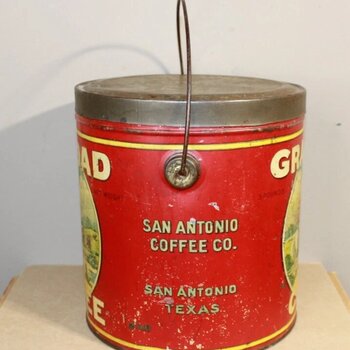 GRANDAD Brand 100% Pure Coffee pail tin — side view showing 'SAN ANTONIO COFFEE CO. / SAN ANTONIO / TEXAS' lettering