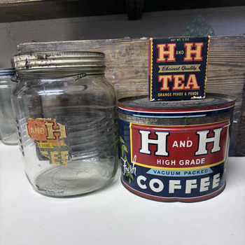 Reference — H and H Tea box with Crystalvac jar and High Grade tin (staged)