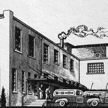 Line-art engraving of the Hoffmann Hayman Coffee Co. factory at 601 Delaware Street, showing the two-story main building with company signage, a one-story warehouse wing, H&H delivery trucks, and a smoking chimney